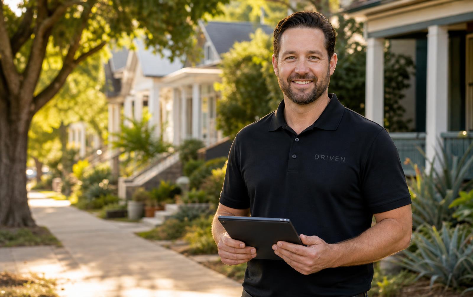 Driven Property Management property manager in a branded black polo in Austin, Texas